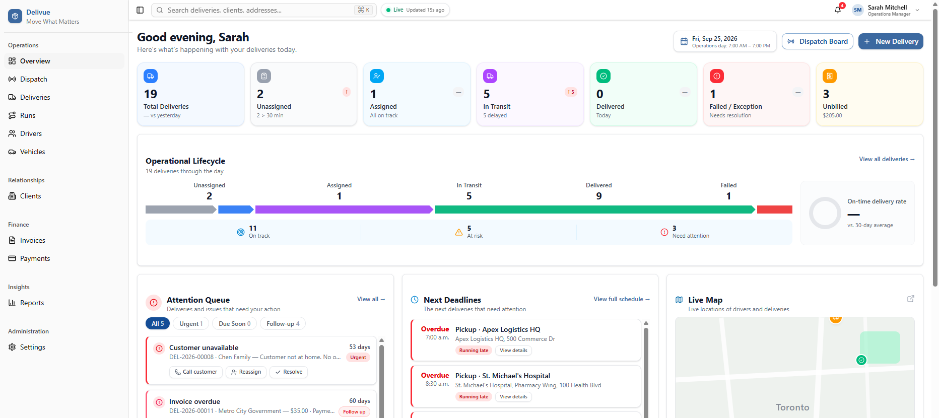 Delivue operations dashboard showing delivery status, attention queues, deadlines and a live map.